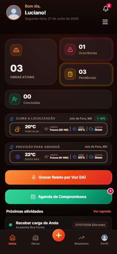 Tela do Diário de Obras AI com as obras, clima e pendências do canteiro